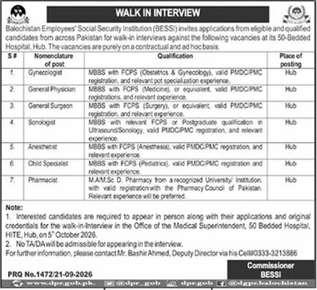 Walk In Interview Balochistan Employees' Social Security Institution (BESSI) Jobs 2026 Jobs 2026 — original newspaper advertisement