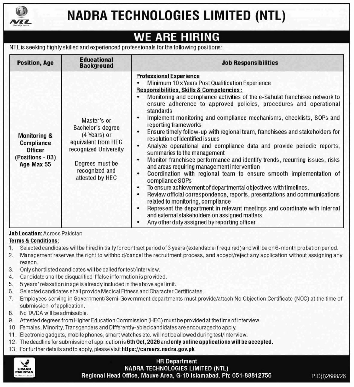 NADRA Technologies Limited (NTL) Jobs Jobs 2026 — original newspaper advertisement