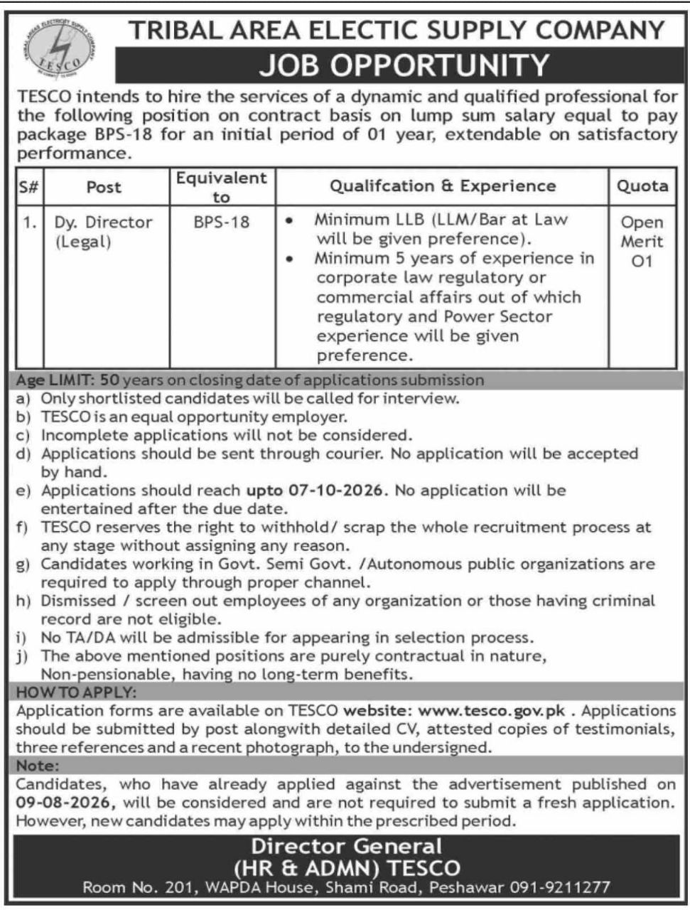 Tribal Area Electric Supply Company (TESCO) Jobs Jobs 2026 — original newspaper advertisement