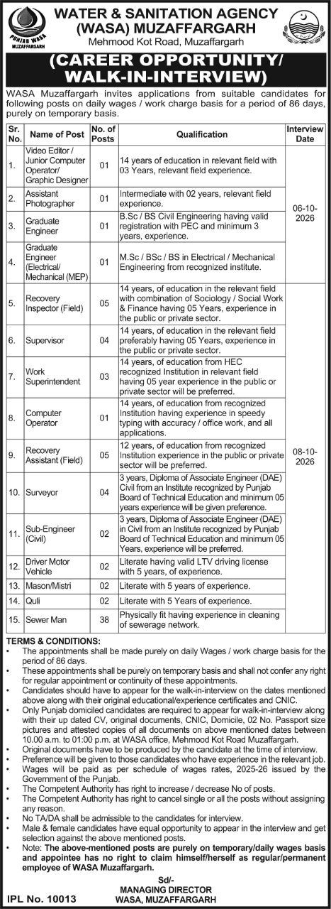Water & Sanitation Agency (WASA) Muzaffargarh Jobs Jobs 2026 — original newspaper advertisement