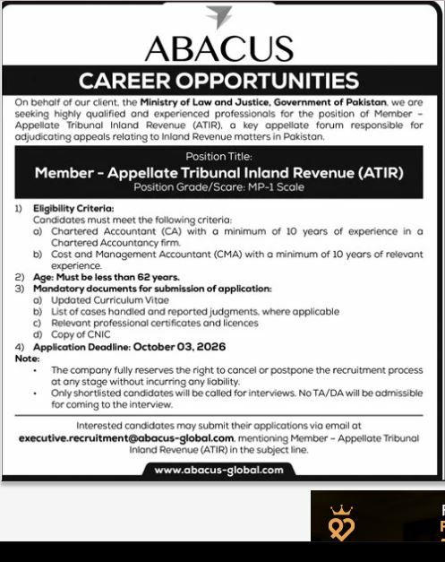 Ministry of Law and Justice Islamabad Jobs 2026 – Ministry of Law and Justice, Government of Pakistan (via Abacus) Jobs 2026 — original newspaper advertisement