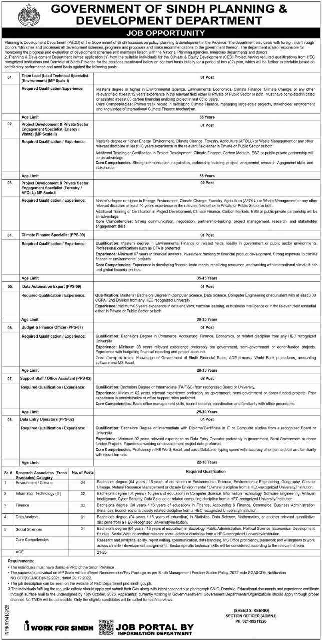 Planning & Development Department Sindh Jobs 2026 – Government of Sindh Planning & Development Department Jobs 2026 — original newspaper advertisement