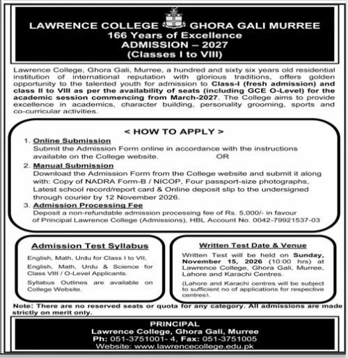 Lawrence College Ghora Gali Murree - Admission 2027 (Classes I to VIII) – Lawrence College, Ghora Gali, Murree Admissions 2026 — original newspaper advertisement