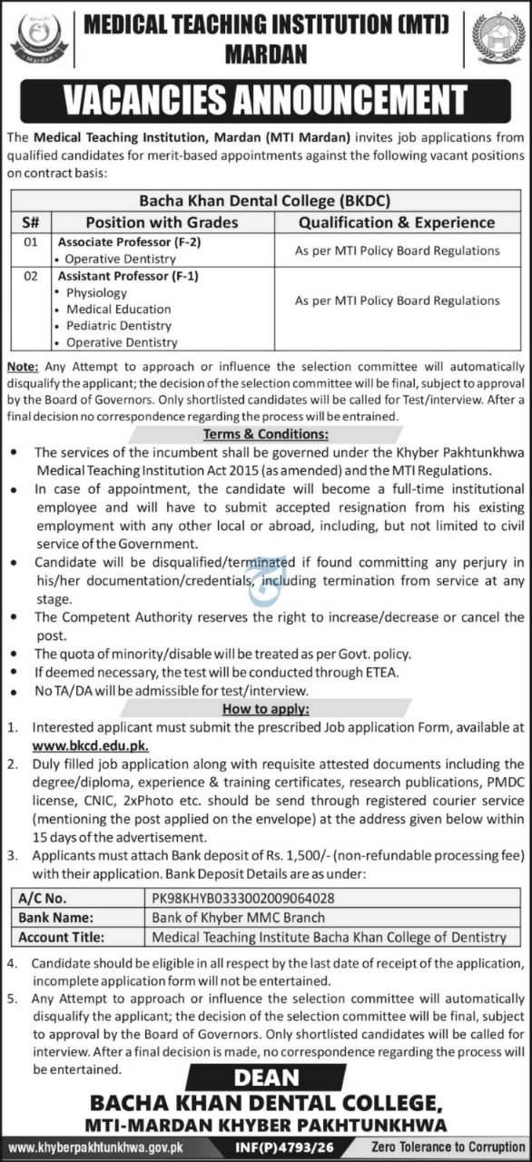 Medical Teaching Institution (MTI) Mardan - Bacha Khan Dental College (BKDC) Jobs Jobs 2026 — original newspaper advertisement