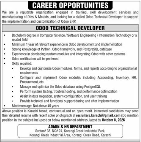 eputable organization Karachi Jobs 2026 – Reputable organization engaged in training, skill development services and manufacturing of Dies & Moulds Jobs 2026 — original newspaper advertisement