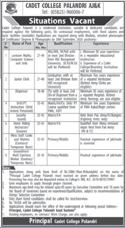Cadet College Palandri AJ&K Jobs 2026 Jobs 2026 — original newspaper advertisement