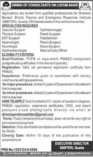 Shaheed Benazir Bhutto Trauma and Emergency Response Institute (SBBTERI) Jobs Jobs 2026 — original newspaper advertisement