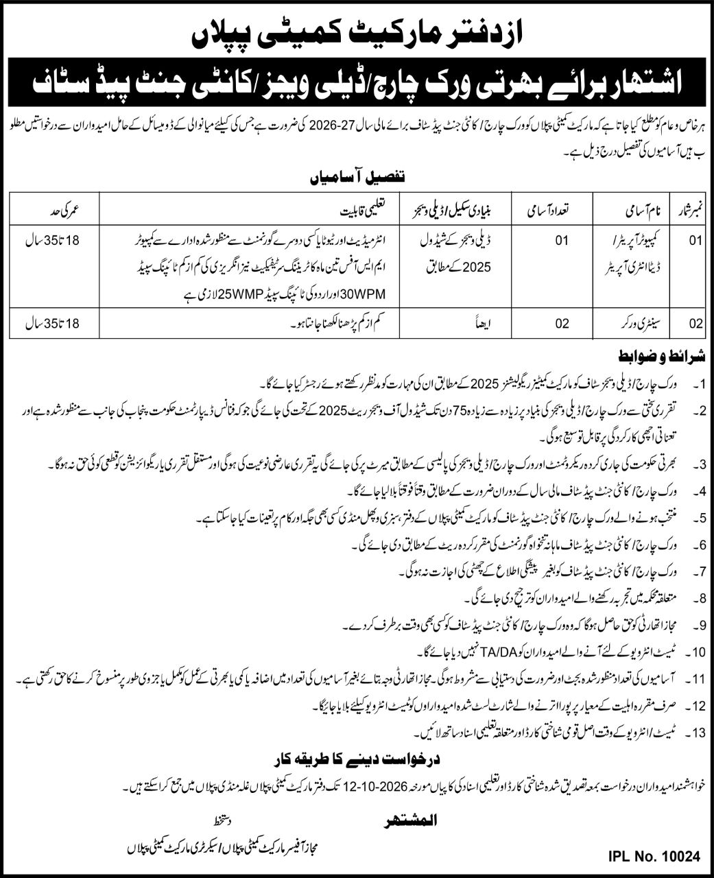 Office of Market Committee Piplaan Jobs Jobs 2026 — original newspaper advertisement