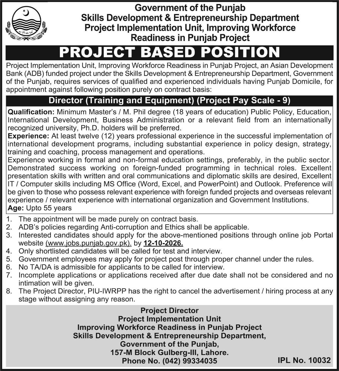 Project Based Position - Director (Training and Equipment) – Government of the Punjab, Skills Development & Entrepreneurship Department, Project Implementation Unit, Improving Workforce Readiness in Punjab Project Jobs 2026 — original newspaper advertisement