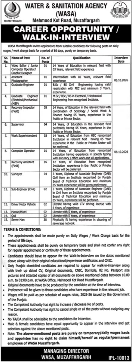 Career Opportunity / Walk-In-Interview – Water & Sanitation Agency (WASA) Muzaffargarh Jobs 2026 — original newspaper advertisement