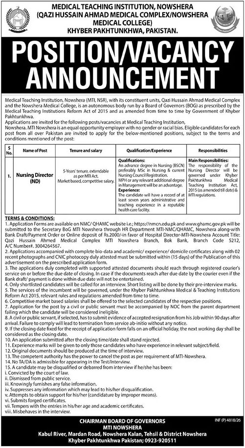 Medical Teaching Institution, Nowshera (MTI, NSR) / Qazi Hussain Ahmad Medical Complex / Nowshera Medical College, Khyber Pakhtunkhwa, Job – Medical Teaching Institution, Nowshera (MTI, NSR) / Qazi Hussain Ahmad Medical Complex / Nowshera Medical College, Khyber Pakhtunkhwa, Pakistan Jobs 2026 — original newspaper advertisement