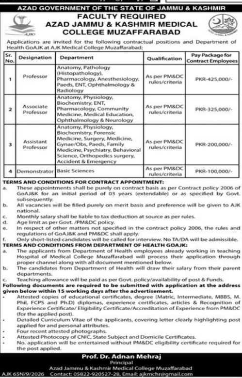Faculty Required Azad Jammu & Kashmir Medical College Muzaffarabad, Azad Government of the State of Jammu & Kashmir Jobs 2026 — original newspaper advertisement