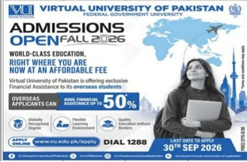 Admissions Open Fall 2026 – Virtual University of Pakistan (Federal Government University) Admissions 2026 — original newspaper advertisement