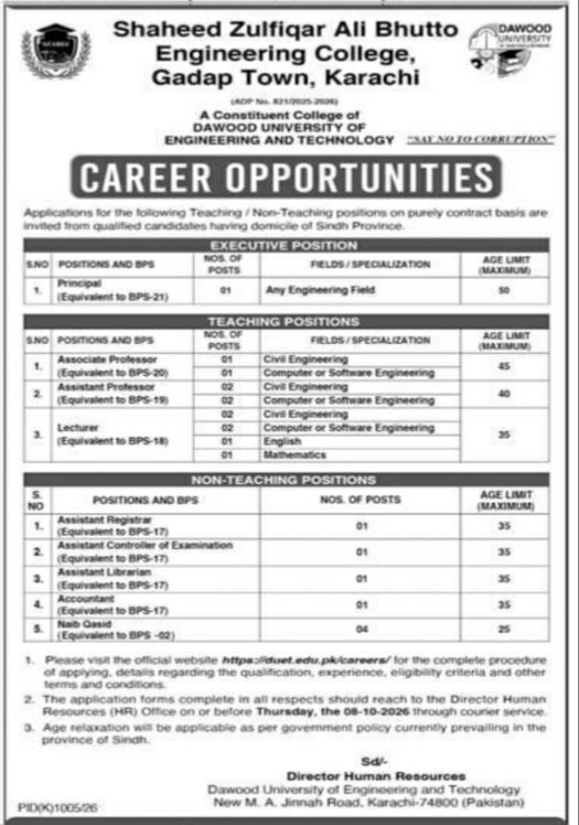 Shaheed Zulfiqar Ali Bhutto Engineering College, Gadap Town, Karachi (A Constituent College of Dawood University of Engineering and Technology) Jobs Jobs 2026 — original newspaper advertisement