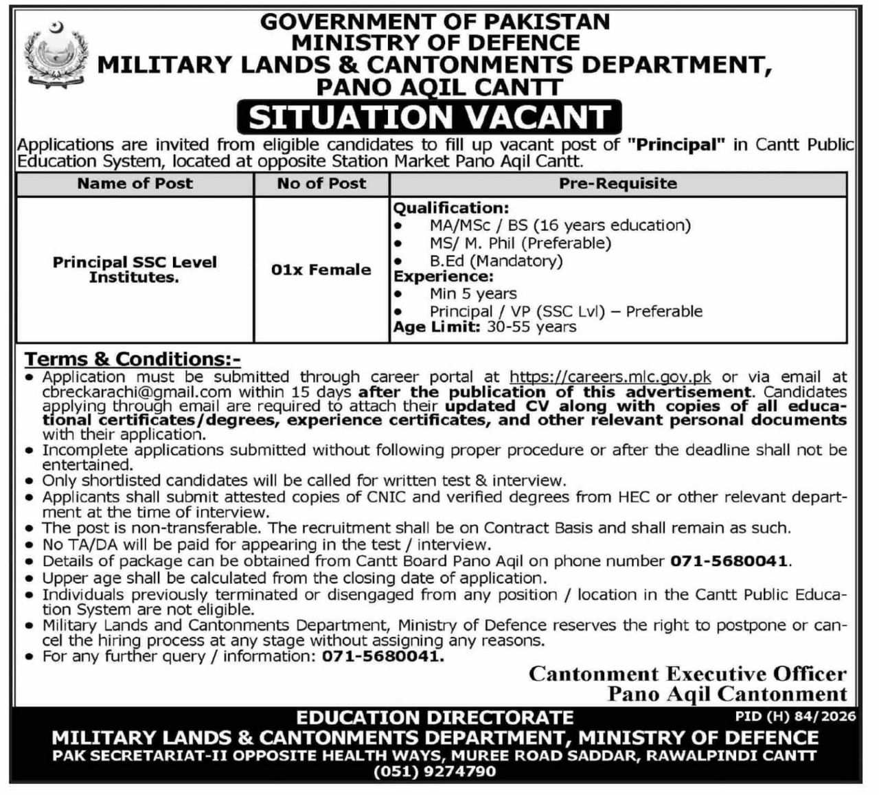 Situation Vacant - Principal, Cantt Public Education System – Government of Pakistan, Ministry of Defence, Military Lands & Cantonments Department, Pano Aqil Cantt Jobs 2026 — original newspaper advertisement