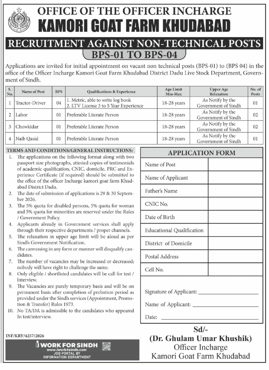 Office of the Officer Incharge, Kamori Goat Farm Khudabad, District Dadu, Live Stock Department Sindh Jobs 2026 – Office of the Officer Incharge, Kamori Goat Farm Khudabad, District Dadu, Live Stock Department, Government of Sindh Jobs 2026 — original newspaper advertisement