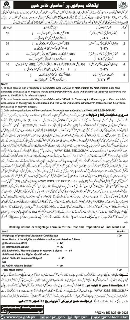 School Education Departmen Washuk Balochistan Jobs – School Education Department, Government of Balochistan (District Education Commission, Awaran) Jobs 2026 — original newspaper advertisement