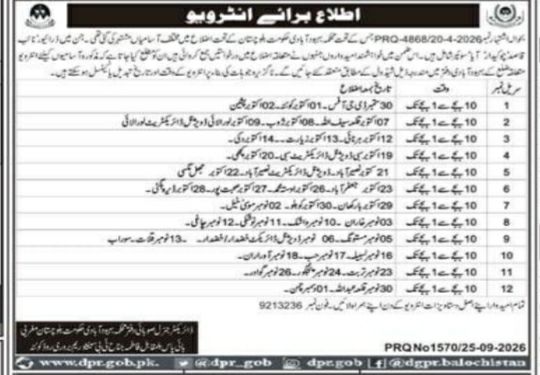 Interview Notice in Department of Public Relations Jobs 2026 – Government of Balochistan, Department of Public Relations Jobs 2026 — original newspaper advertisement