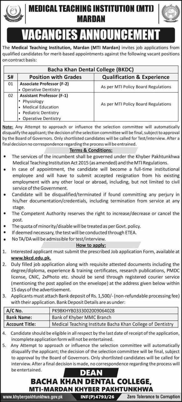 Medical Teaching Institution (MTI) Mardan – Bacha Khan Dental College (BKDC) Jobs 2026 Jobs 2026 — original newspaper advertisement