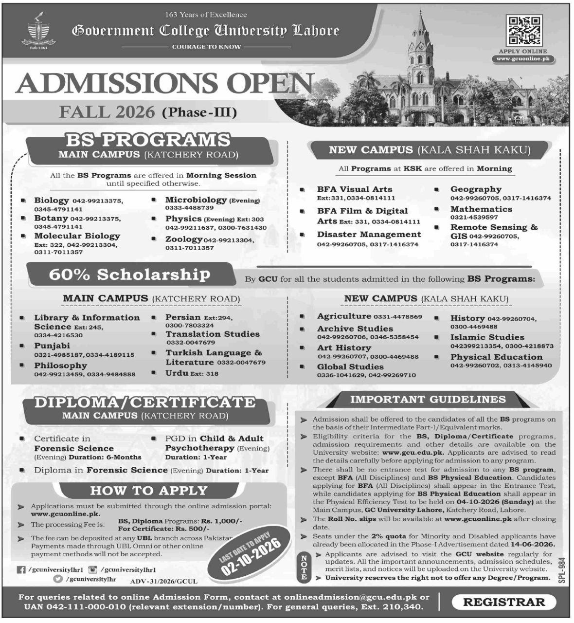 Admissions Open in Government College University Lahore Fall 2026 Admissions 2026 — original newspaper advertisement