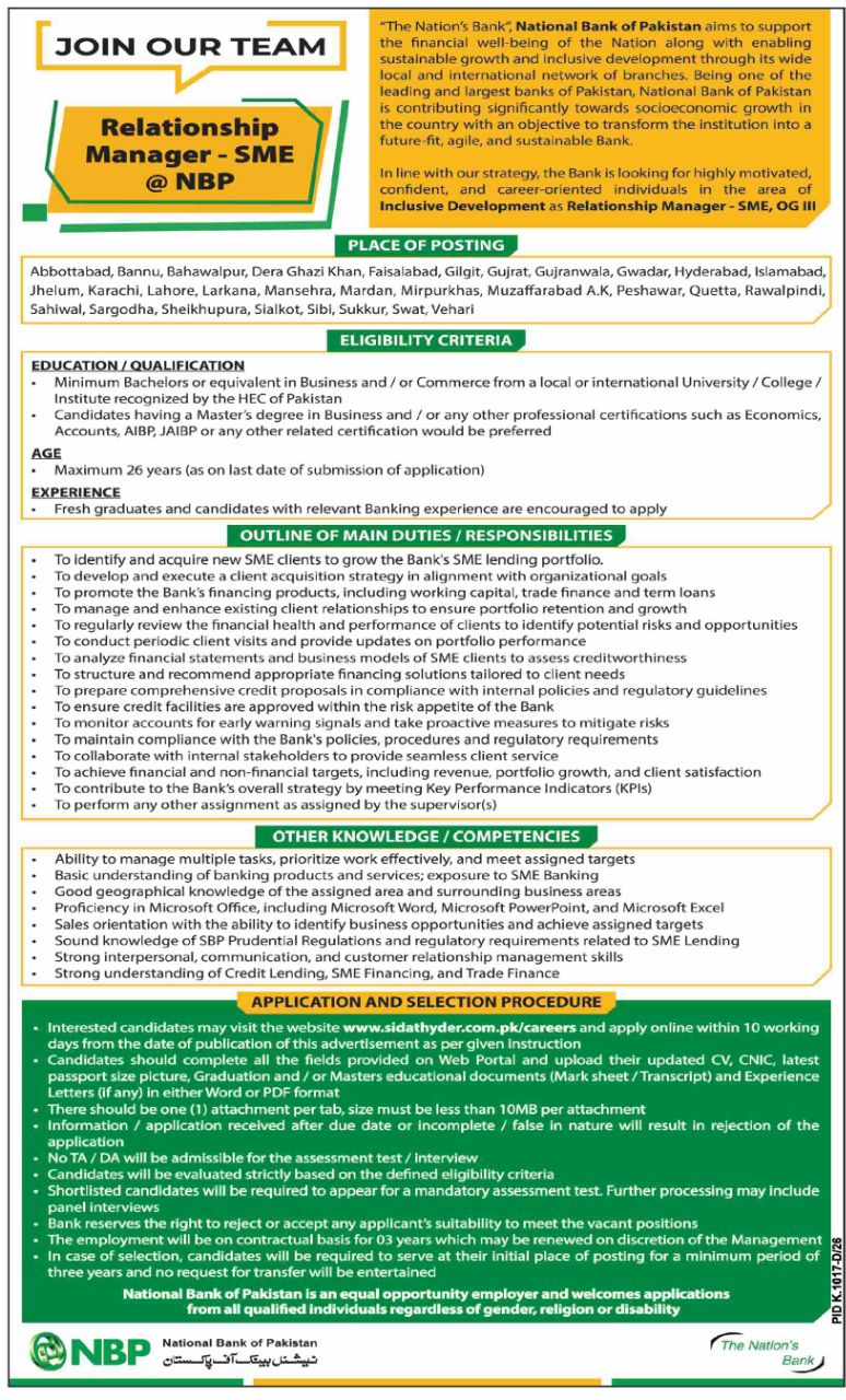 National Bank of Pakistan (NBP) Relationship Manager - SME, OG III Jobs 2026 Jobs 2026 — original newspaper advertisement