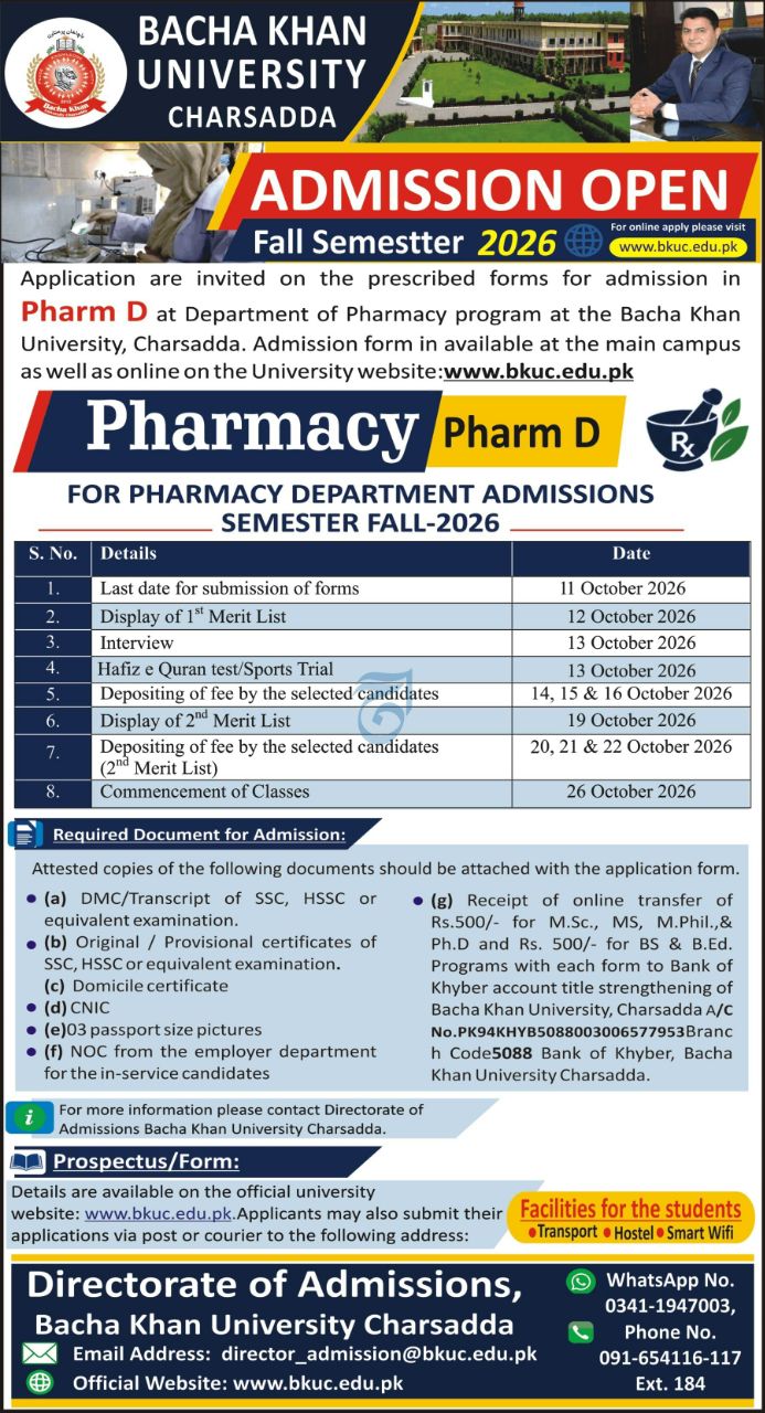 Admission Open - Fall Semester 2026 - Pharmacy (Pharm D) – Bacha Khan University, Charsadda Admissions 2026 — original newspaper advertisement