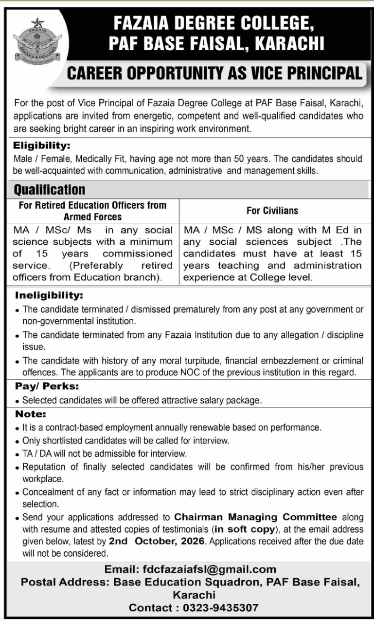 Fazaia Degree College, PAF Base Faisal, Karachi Jobs 2026 Jobs 2026 — original newspaper advertisement