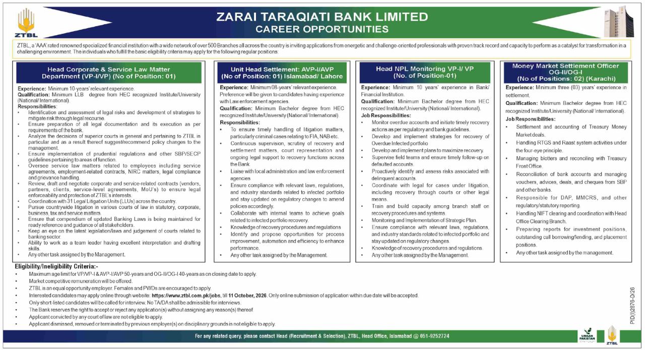 Zarai Taraqiati Bank Limited (ZTBL) Jobs 2026 Jobs 2026 — original newspaper advertisement