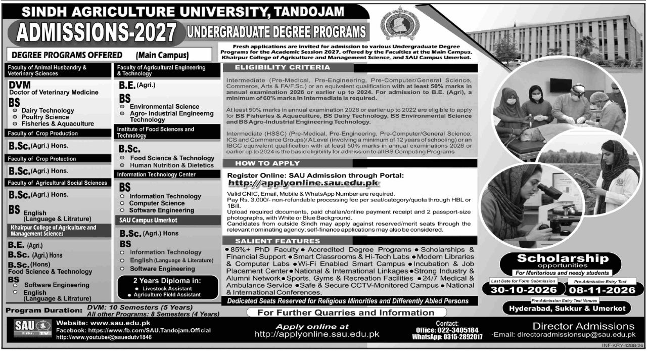 Admissions 2027 - Undergraduate Degree Programs – Sindh Agriculture University, Tandojam Admissions 2026 — original newspaper advertisement