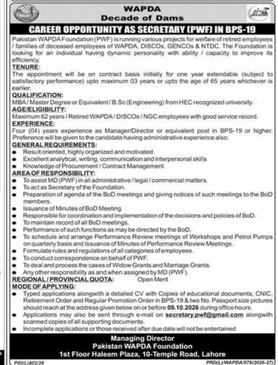 Pakistan WAPDA Foundation (PWF) / WAPDA Jobs 2026 Jobs 2026 — original newspaper advertisement