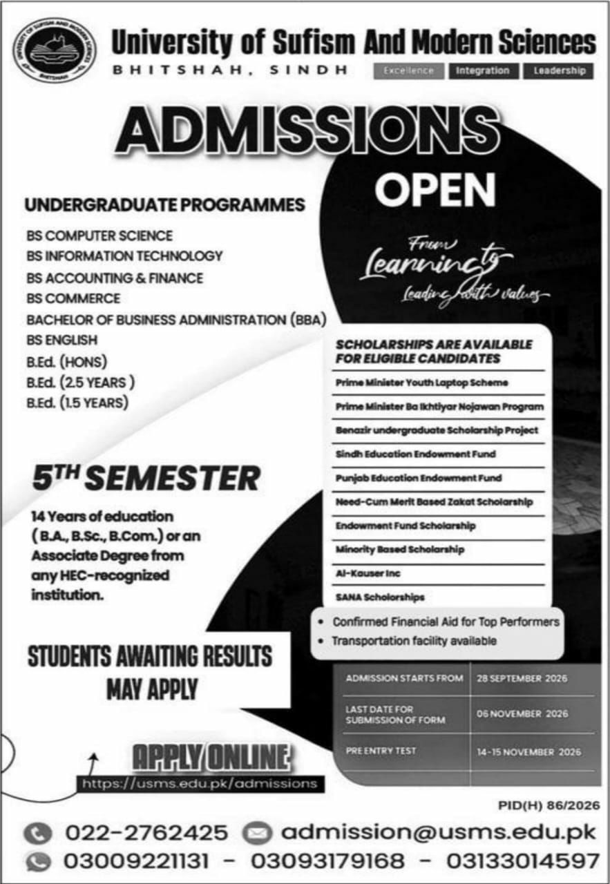 Admissions Open in University of Sufism And Modern Sciences 2026 Admissions 2026 — original newspaper advertisement