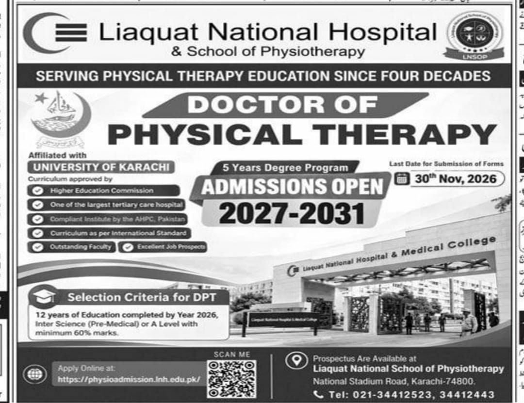 Doctor of Physical Therapy - Admissions Open 2027-2031 – Liaquat National Hospital & School of Physiotherapy Admissions 2026 — original newspaper advertisement