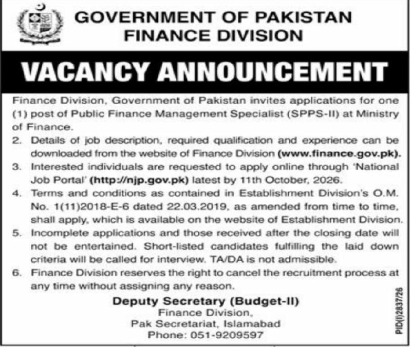 Finance Division Islamabad Jobs 2026 – Government of Pakistan, Finance Division Jobs 2026 — original newspaper advertisement