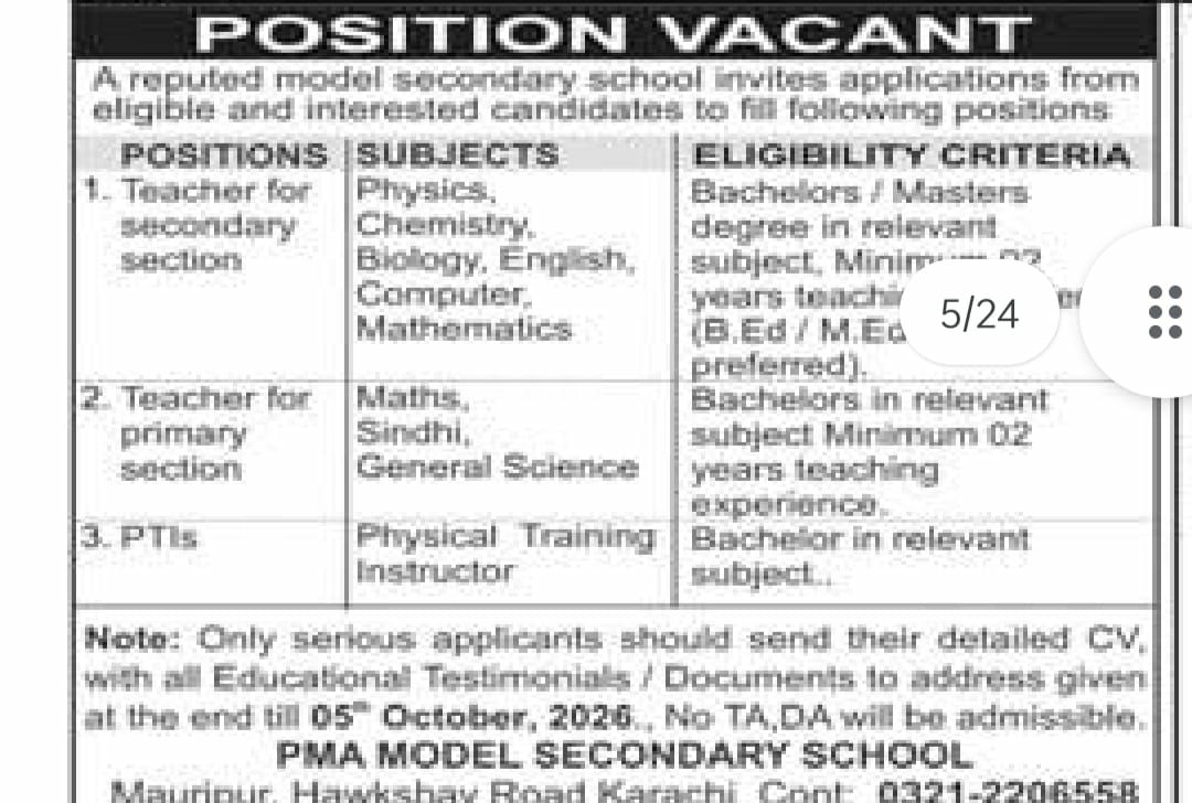 PMA Model Secondary School Jobs 2026 Jobs 2026 — original newspaper advertisement