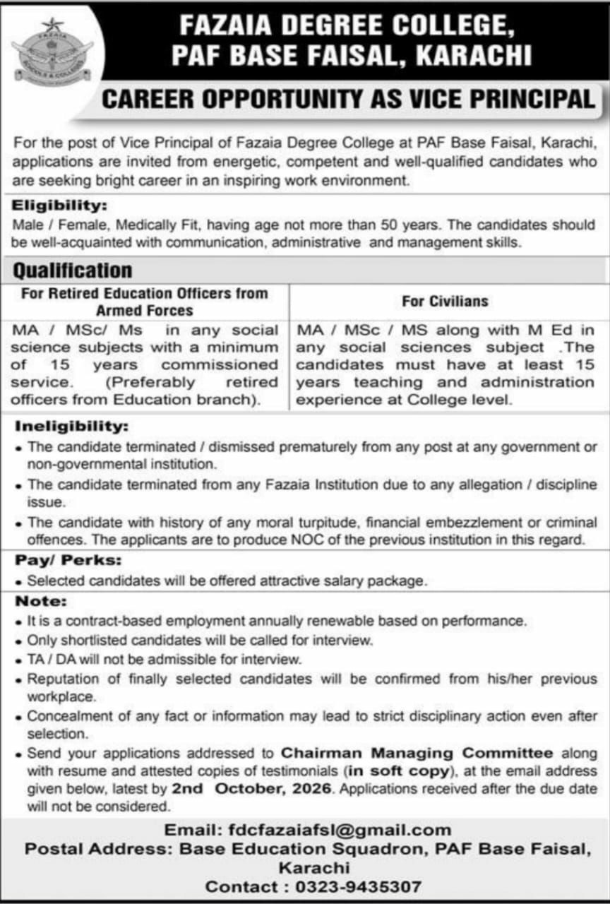 Fazaia Degree College, PAF Base Faisal, Karachi Jobs 2026 Jobs 2026 — original newspaper advertisement