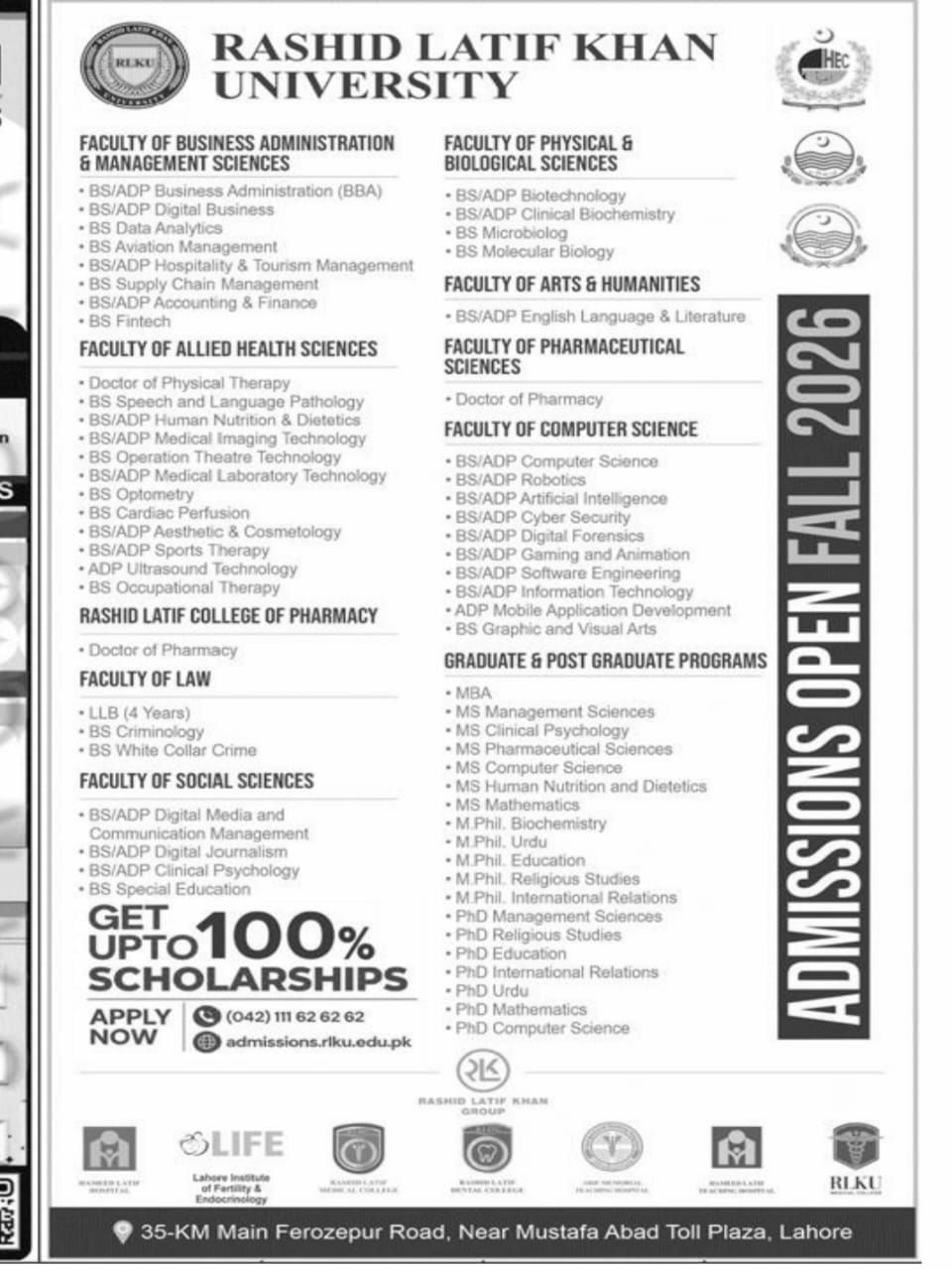 Admissions Open in Rashid Latif Khan University (RLKU) Fall 2026 Admissions 2026 — original newspaper advertisement