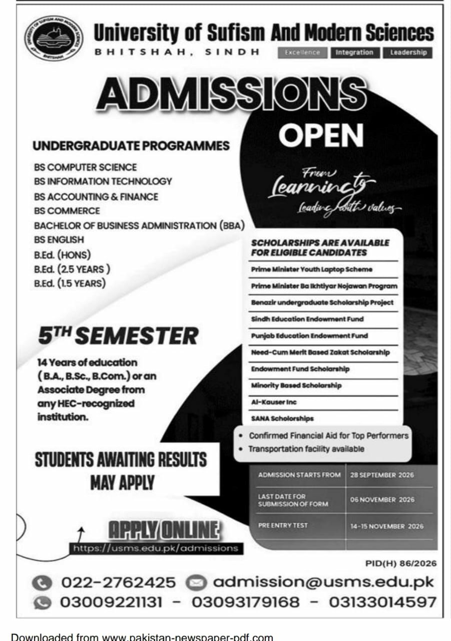 Admissions Open University of Sufism and Modern Sciences 2026 Admissions 2026 — original newspaper advertisement