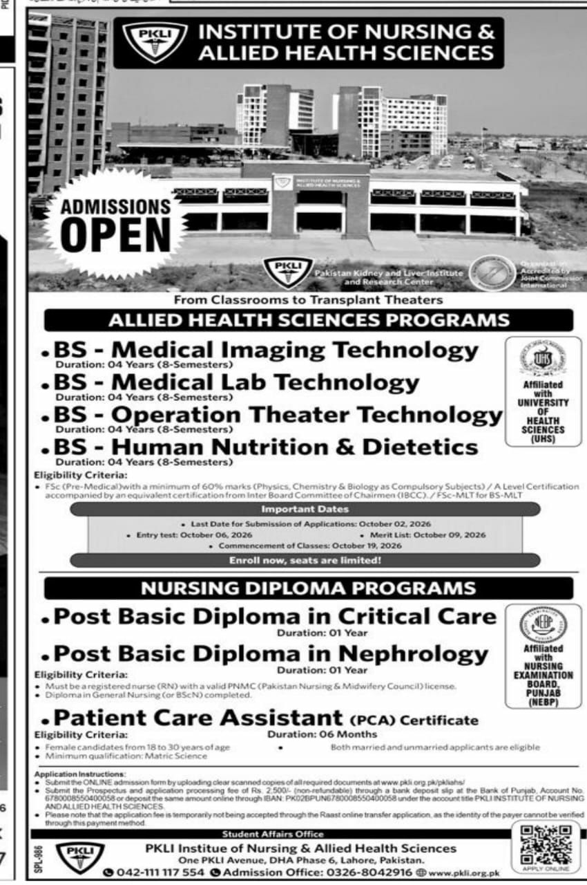 Admissions Open – Institute of Nursing & Allied Health Sciences (PKLI) – PKLI Institute of Nursing & Allied Health Sciences, Pakistan Kidney and Liver Institute and Research Center Admissions 2026 — original newspaper advertisement