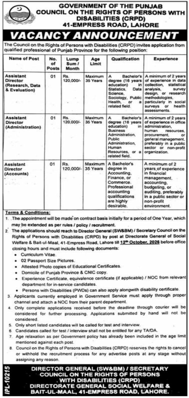 Council on the Rights of Persons with Disabilities (CRPD) Jobs 2026 – Government of the Punjab, Council on the Rights of Persons with Disabilities (CRPD) Jobs 2026 — original newspaper advertisement