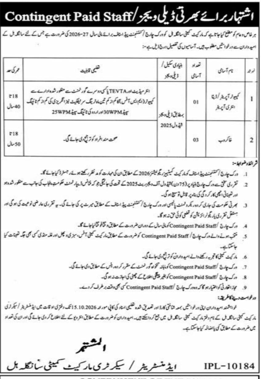 Market Committee, Community Sangla Hill Jobs 2026 – Secretary / Market Committee, Community Sangla Hill Jobs 2026 — original newspaper advertisement