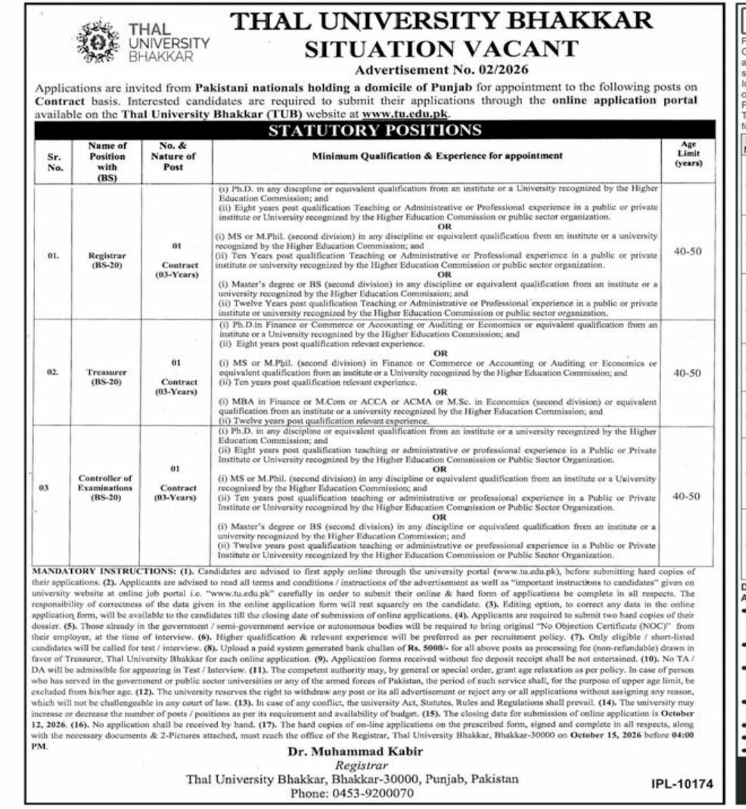 Thal University Bhakkar Jobs 2026 Jobs 2026 — original newspaper advertisement