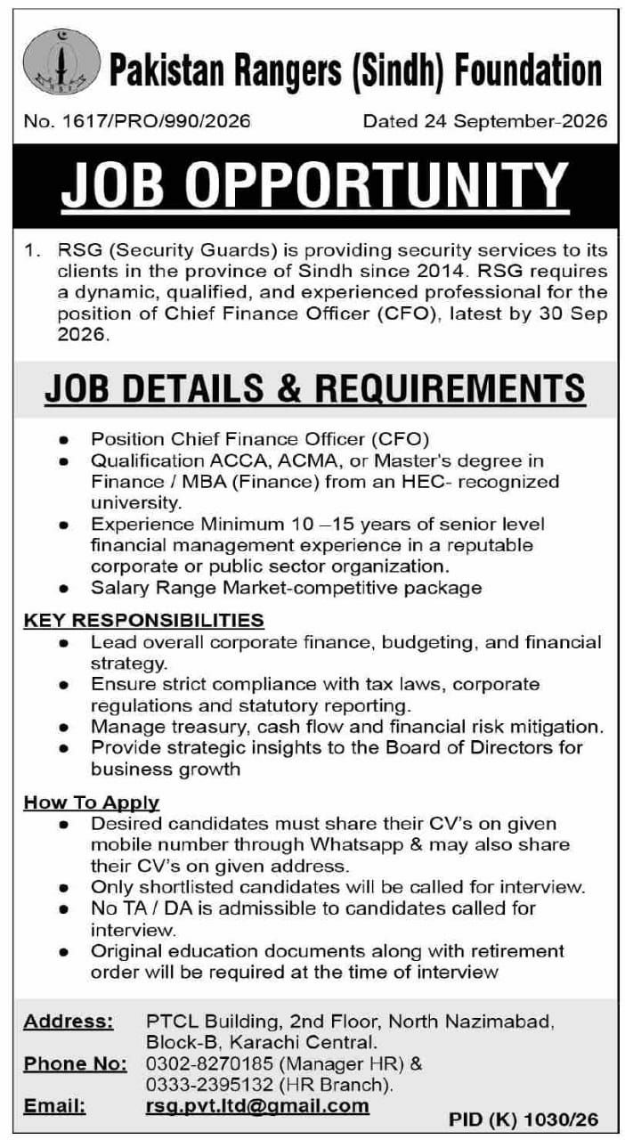 Pakistan Rangers (Sindh) Foundation - RSG Jobs 2026 – Pakistan Rangers (Sindh) Foundation - RSG (Security Guards) Jobs 2026 — original newspaper advertisement
