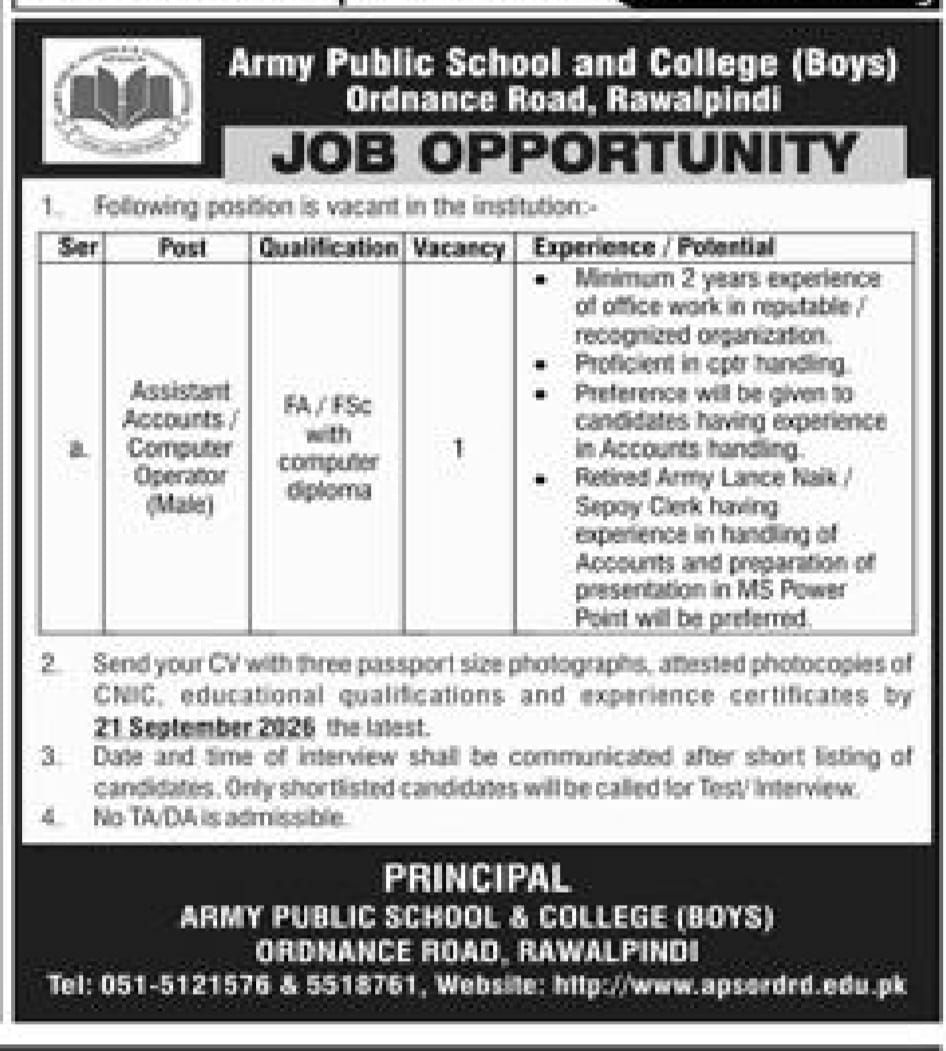 Army Public School and College (Boys), Ordnance Road, Rawalpindi Jobs Jobs 2026 — original newspaper advertisement