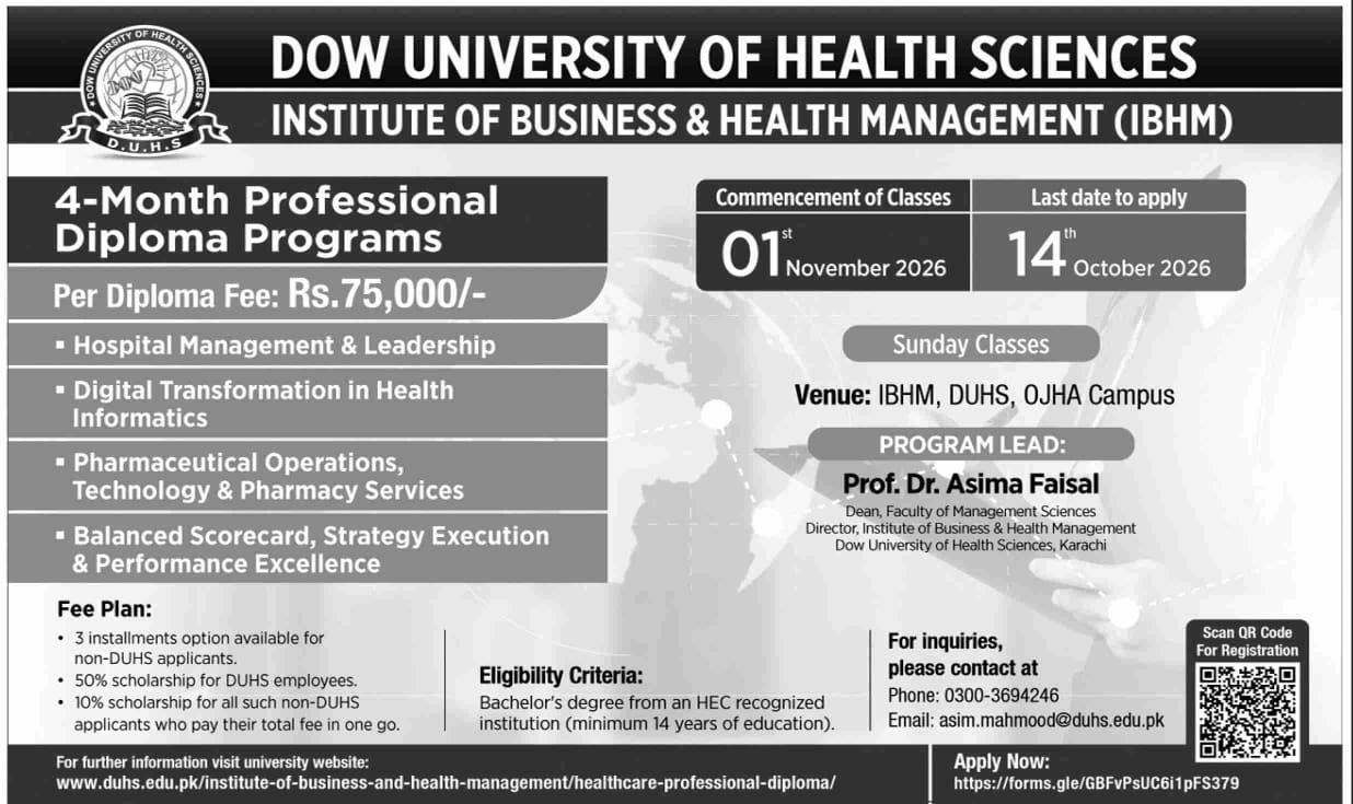 Admissions Open in University of Health Sciences – Institute of Business & Health Management (IBHM) 2026 – Dow University of Health Sciences – Institute of Business & Health Management (IBHM) Admissions 2026 — original newspaper advertisement