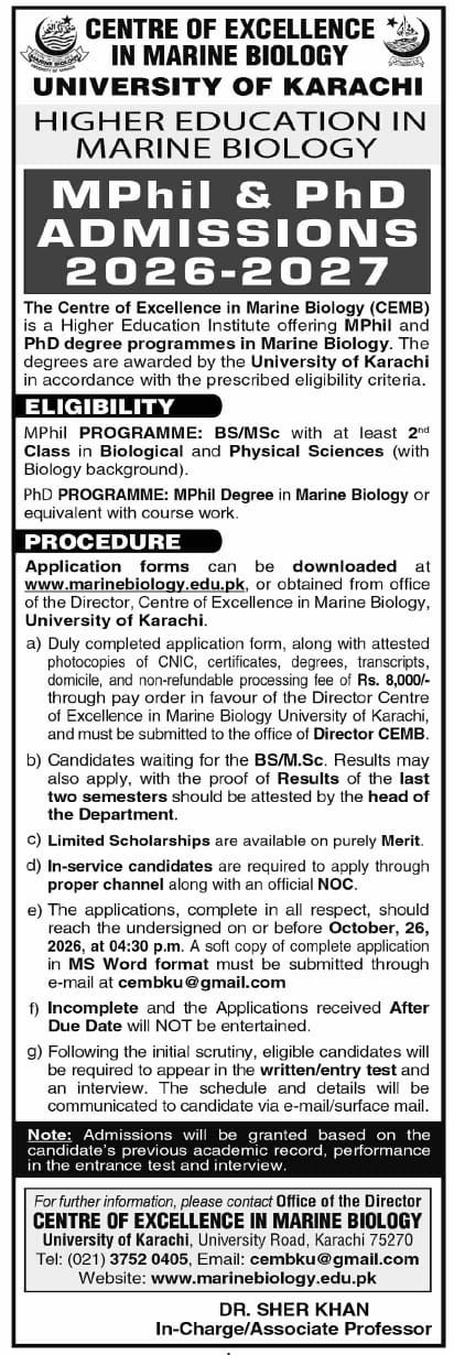 MPhil & PhD Admissions 2026-2027 in Marine Biology – Centre of Excellence in Marine Biology (CEMB), University of Karachi Admissions 2026 — original newspaper advertisement