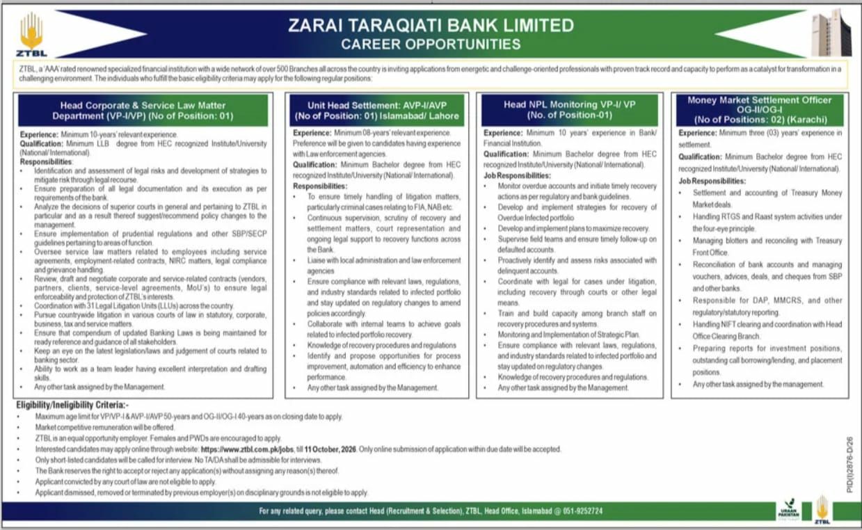 Zarai Taraqiati Bank Limited (ZTBL) Jobs 2026 Jobs 2026 — original newspaper advertisement