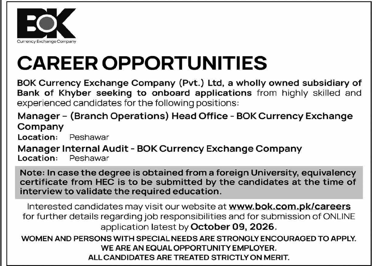 BOK Currency Exchange Company (Pvt.) Ltd – a wholly owned subsidiary of Bank of Khyber Jobs Jobs 2026 — original newspaper advertisement
