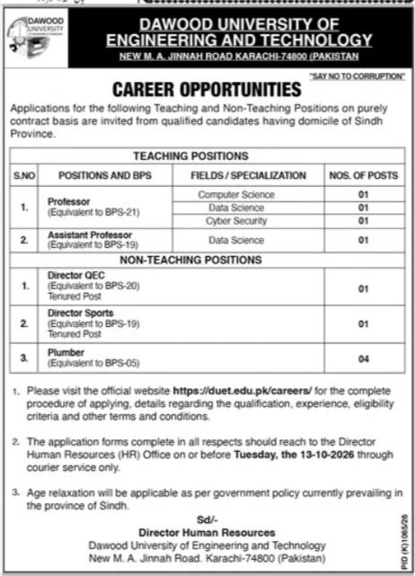 Dawood University of Engineering and Technology Jobs 2026 Jobs 2026 — original newspaper advertisement
