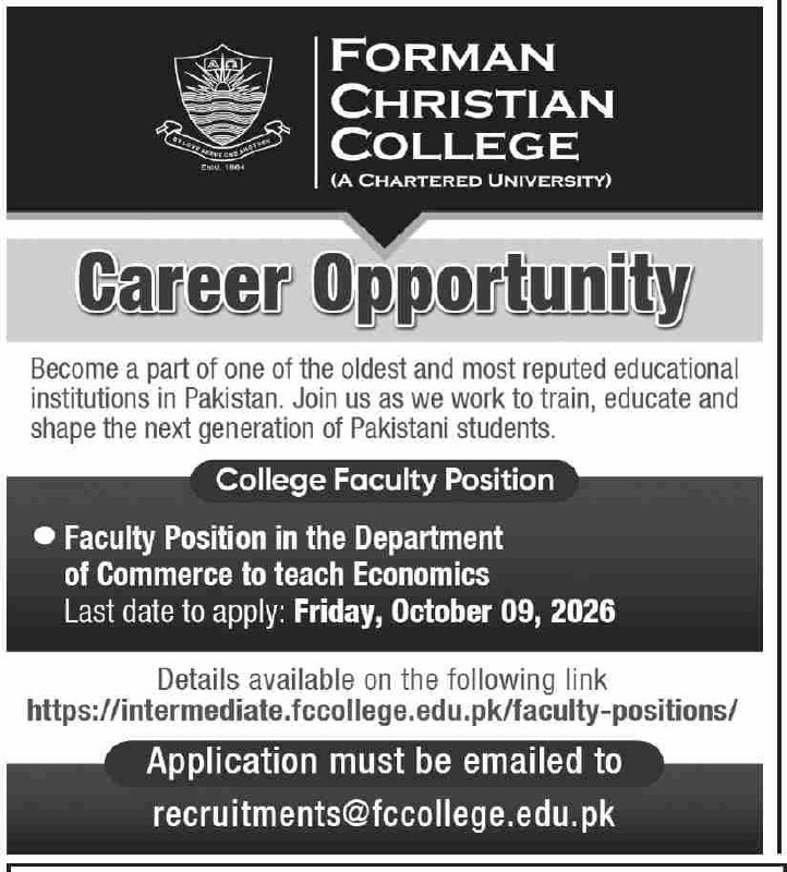 Forman Christian College (A Chartered University) Jobs Jobs 2026 — original newspaper advertisement