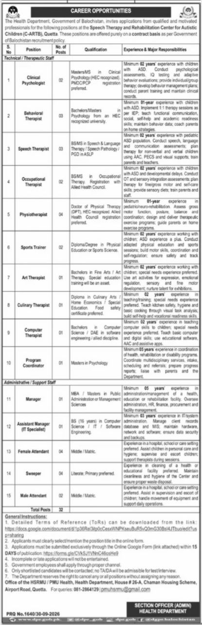 Health Department Center for Autistic Children (C-ARTB) Jobs 2026 – Health Department, Government of Balochistan / Speech Therapy and Rehabilitation Center for Autistic Children (C-ARTB) Jobs 2026 — original newspaper advertisement